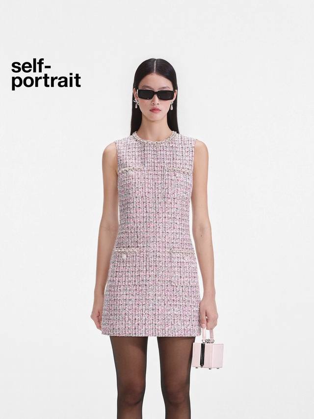 Self-portrai*新款Sp家 高端定制闪丝撞色混纺面料、奢华高级感重工镶钻链条边装饰修身显瘦四口袋无袖背心连衣裙！粉色， S码：肩宽35，胸围86，裙长