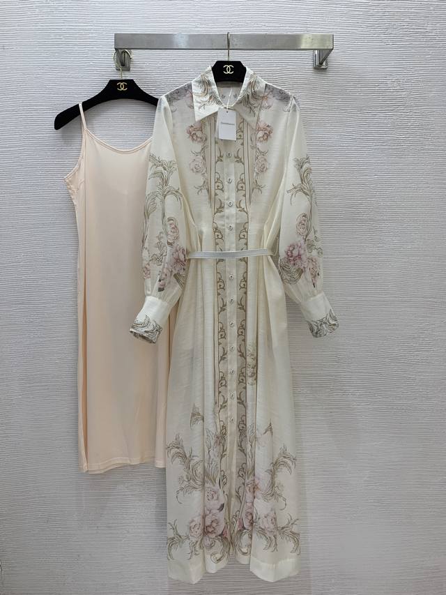短款 、长款 Zimmerma*N兹默曼澳洲品牌 高端定制时尚复古花朵花印花前排系扣翻领长袖连衣裙纯色内搭高弹力吊带打底裙腰带！1.2.3.4 Smlxl， 短
