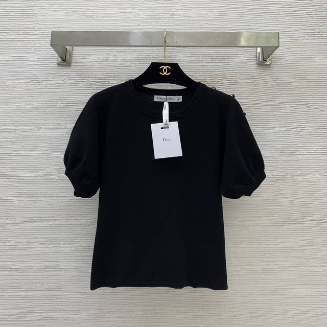 Dio*新款D家定制时尚简约Cd珠扣肩章装饰、修身显瘦泡泡袖针织衫上衣！黑色， M码：胸围80，连肩袖长28，衣长50