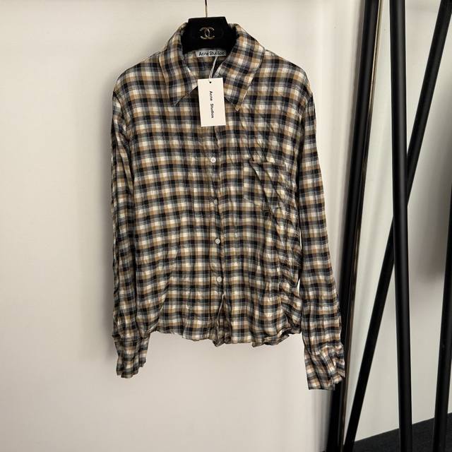 款号20255865 Acne Studio*新款 褶皱格子纯棉长袖衬衣，杏色，Sml， M码：肩宽42，胸围110，袖长61，衣长62-69；重量：0.300