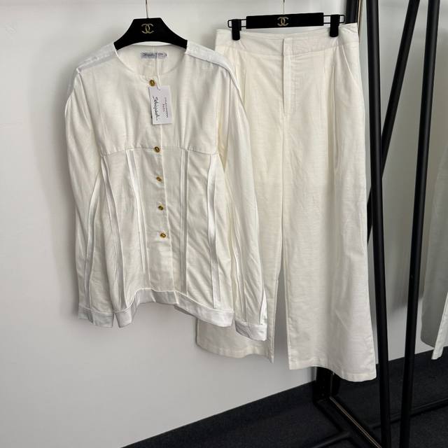 款号20255819 Schiaparelli*新款亚麻套装，定制异形钥匙孔金色纽扣 收腰长袖衬衣外套+高腰阔腿长裤，白色，咖色，黑色，S-Xl， M码：胸围9