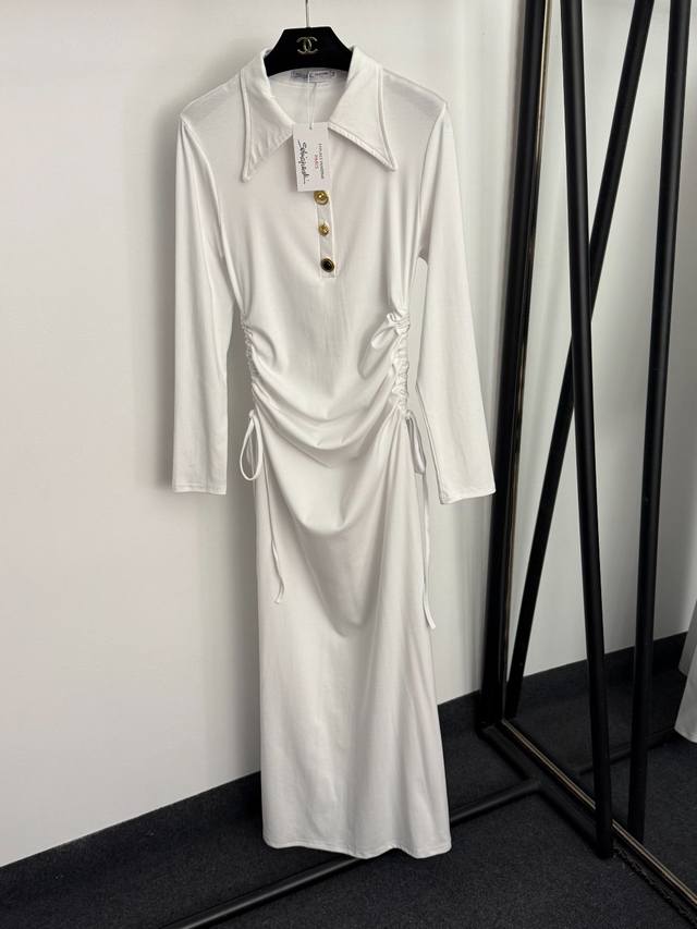 款号20255800 Schiaparelli*新款 定制异形金色纽扣 抽绳收腰翻领长袖连衣裙 长裙，白色，咖色，灰色，S-Xl， M码：肩宽38，胸围80，袖
