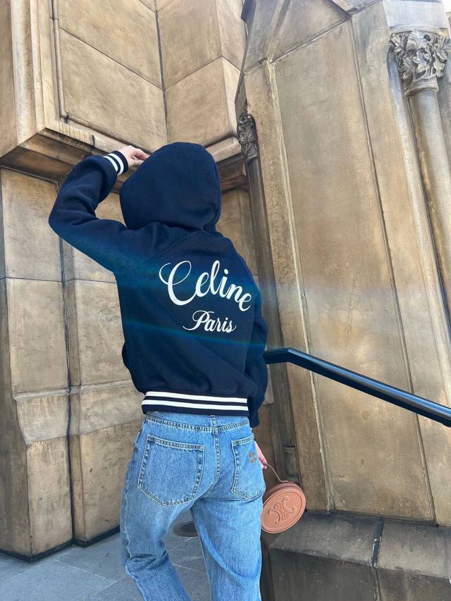 Celin* 25Fw秋冬新款 高级海军蓝连帽羊毛夹克外套丨独家Yb开发！高版出品！美式学院风罗纹包边工艺，凯旋门金属拉链高级的调调又A又飒！立体剪裁经典的H版