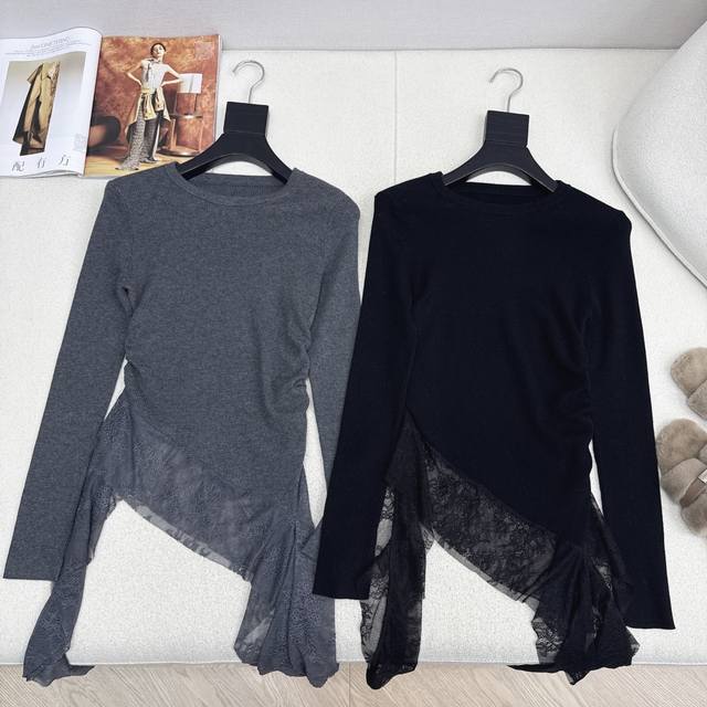Miu 25Ss 秋冬最新款拼接蕾丝做法长袖针织衫高级感单品 进口机工艺 舒适不易变形 单穿打底一样吸睛～～ 两色现货发售Sml S码肩宽36 胸围76 衣长6