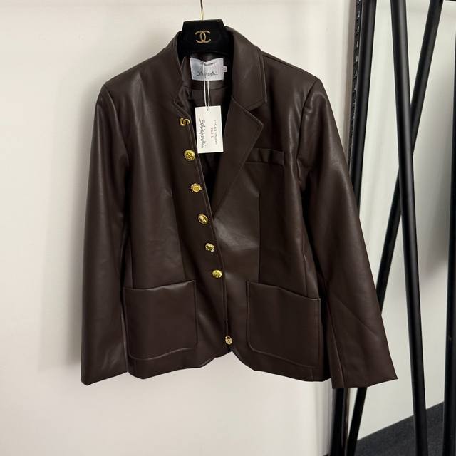 款号20255766 Schiaparelli*新款 高端定制异形金色纽扣长袖pu皮衣西装外套，咖色，黑色，Sml， M码：肩宽41，胸围106，袖长62，衣长