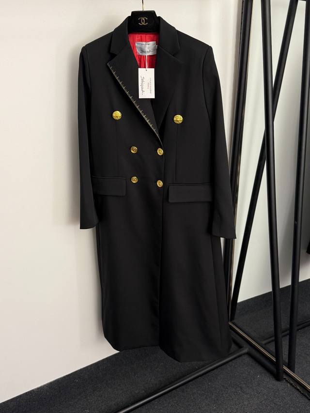 款号20255760 Schiaparelli*新款 尺标刺绣 高端定制异形金色纽扣长袖中长款西装大衣 外套，咖色，黑色，Sml， M码：肩宽39，胸围104，
