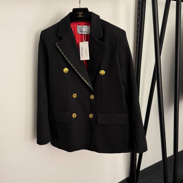 款号20255761 Schiaparelli*新款 尺标刺绣翻领 高端定制异形金色纽扣修身长袖西装外套，咖色，黑色，Sml， M码：肩宽40，胸围108，袖长