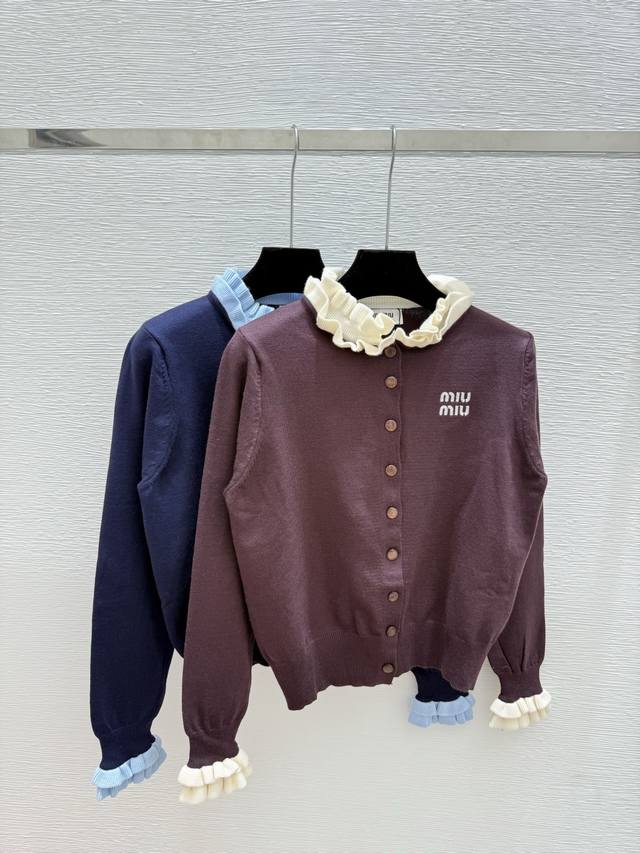 M家 早秋新款 撞色荷叶边针织长袖开衫 颜色：酒红 尺码：36.38.40