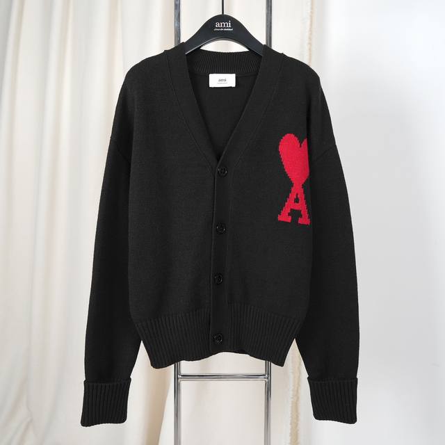Ami经典款羊毛翻袖系列大爱心4扣V领开衫，宽松版男女同款，Sml