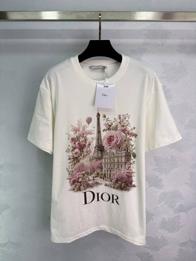 Dio*25早秋新款花卉印花短袖T恤 超美的巴黎铁塔玫瑰花图案 全棉面料 手感柔软舒适 宽松版型显瘦 适合内搭或单穿都很时髦！1色3码Sml