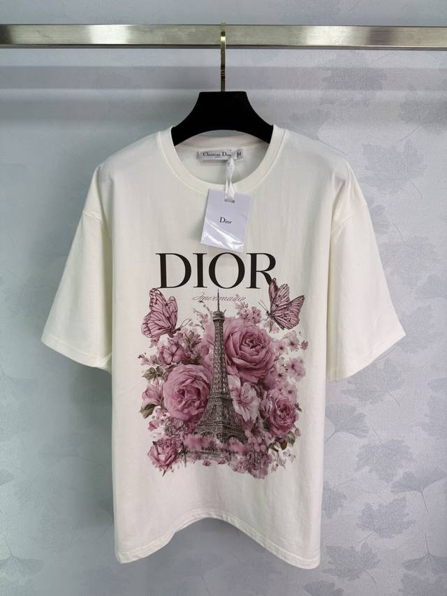 Dio*25早秋新款花卉埃菲尔铁塔印花T恤 纯棉面料 精致印花图案 蝴蝶玫瑰花装饰 做工精致 设计感拉满 单穿内搭都出彩时髦！1色3码Sml