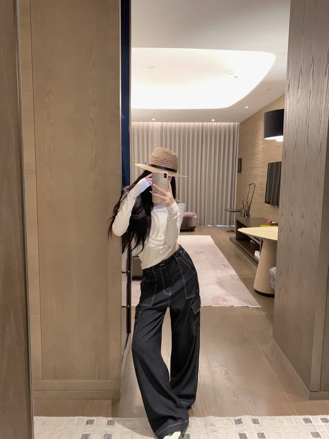 小香中古撞色天丝牛仔工装长裤Sml
