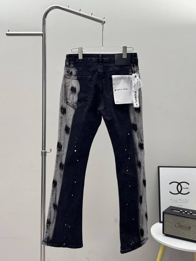 Purple Brand 美式复古 手绘泼墨微喇牛仔裤 款号： G155 码数： 28 30 32 34 36 颜色：黑色 P价：