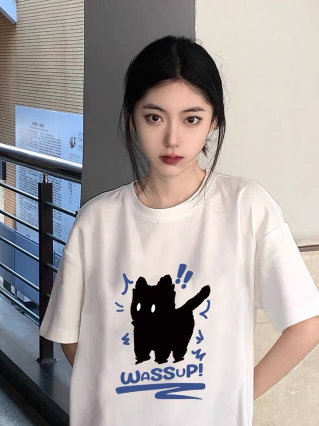 上新短袖 面料升级款号：K20 Wassup2640新款黑猫图案印花 短袖T恤男女春季新款宽松260克纯棉上衣 Size：S M L Xl 黑色 白色