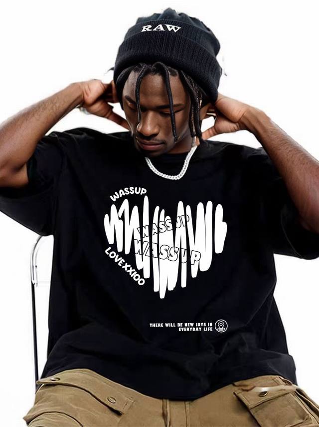 上新短袖 面料升级款号：K18 Wassup2640新款黑白爱心涂鸦字母图案印花短袖T恤男女春季新款宽松纯棉上衣 Size：S M L Xl 黑色 白色