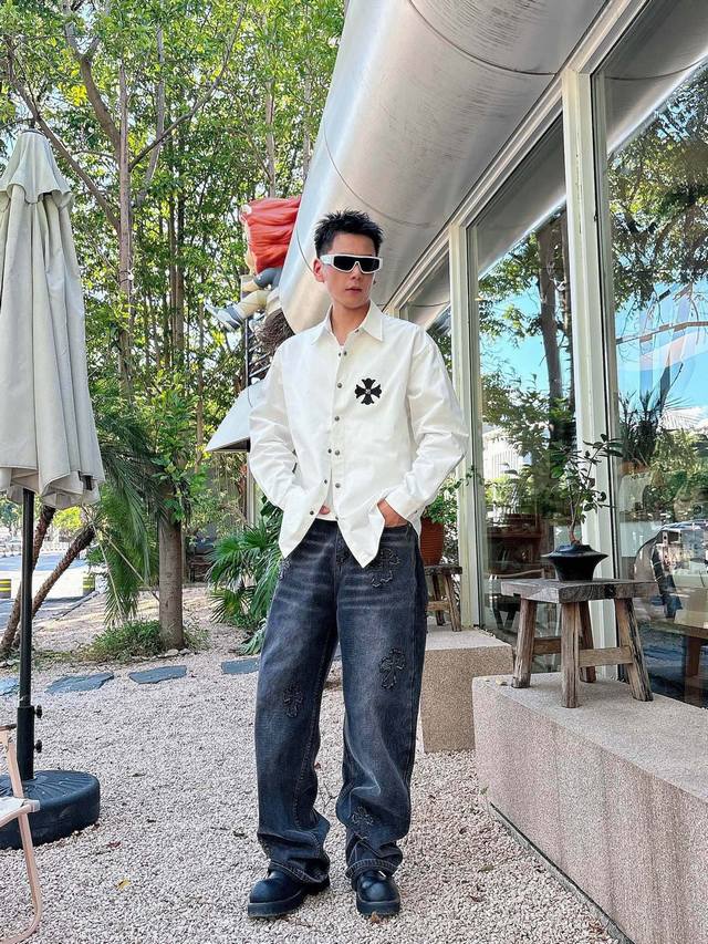 裤子 上衣 Chrome Hearts 克罗心 皮十字 拼皮刺绣 衬衫外套 Os版型 男女都可驾驭！面料使用斜纹纱卡全棉面料！纹路清晰流畅，不易起皱，不褪色！