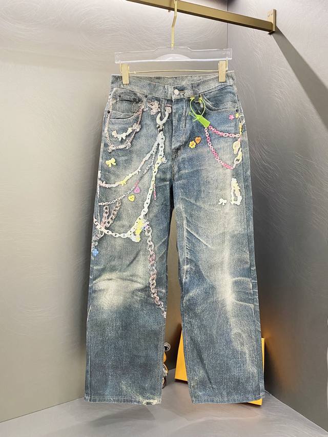 Acne风格 25Fw做旧糖果链条褶皱蜂窝数码打印3D链条印花Baggy宽松牛仔裤 男女同款 Acne糖果牛仔裤 尺码：S M L Xl