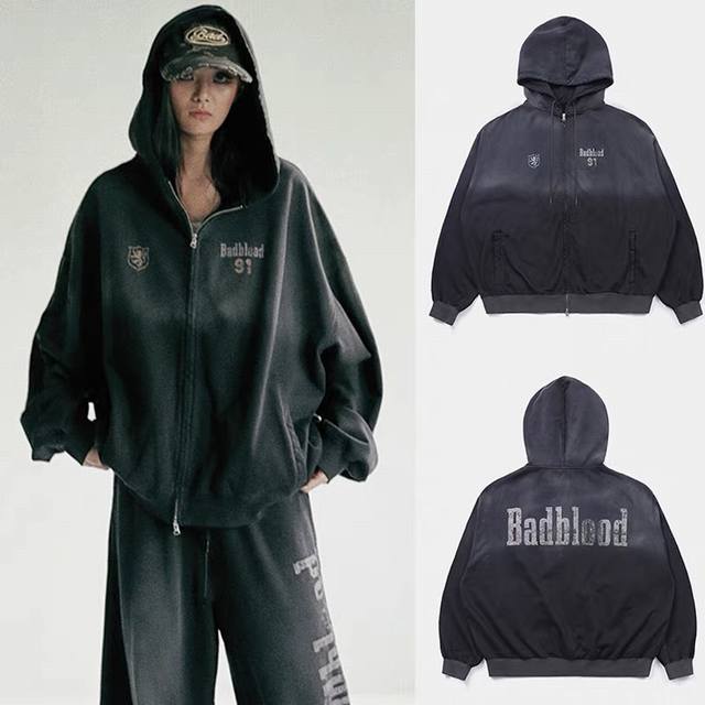 Badblood美式复古重工水洗做旧扎染拉链连帽卫衣外套运动开衫套装 宽松百搭 吴宣仪舞蹈室私服同款 整套有售 可单卖 款号：外套2211 裤子2210 P价：