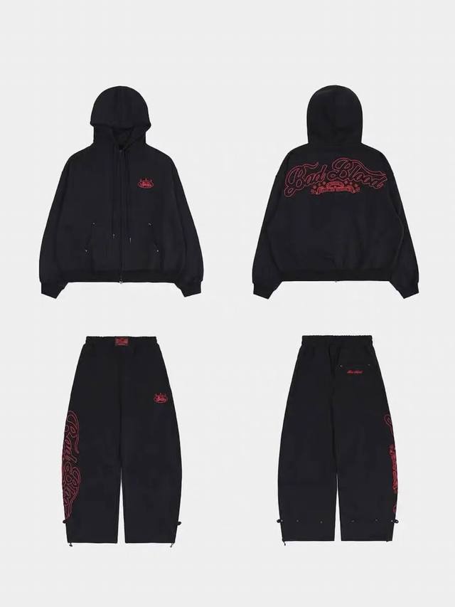 Badblood美式复古重工刺绣阔腿弯刀裤运动裤长裤套装 宽松显瘦 众多韩星私服同款 整套有售 可单卖 款号：裤子2209 外套2208 P价： 颜色：水洗黑