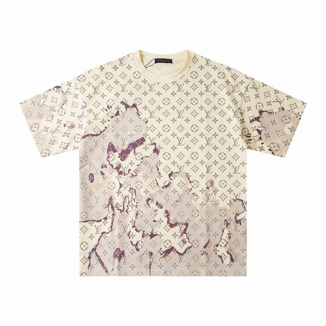 款号：M072 Louis Vuitton 路易威登Lv 2025新款火烧云提花涂鸦满印圆领短袖T恤 -面料采用320G 100%纯棉双纱面料 同缸定染特种加粗