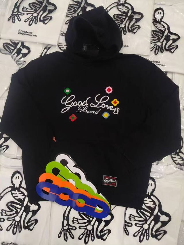 有量可减 Goodbrand立体标语刺绣小花字母连帽卫衣 男女同款 质量克重面料 定制三标 版型 尺码：S-Xl
