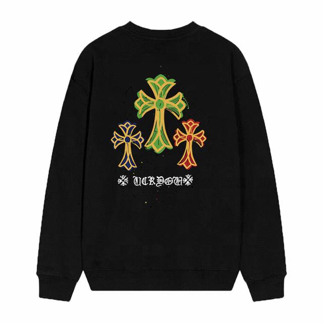 款号D48 Chrome Hearts 克罗心印花圆领毛圈卫衣 面料升级 市场独家款 380克高克重百分百纯棉 提前做过预缩水1×1双纱 男女同款 马蹄印十字架