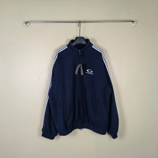 Blcg Loop Sports Icon Zip-Up Jacket In Navy White 25Fall 新款徽标字母刺绣五道杠颗粒绒立领拉链夹克运动外