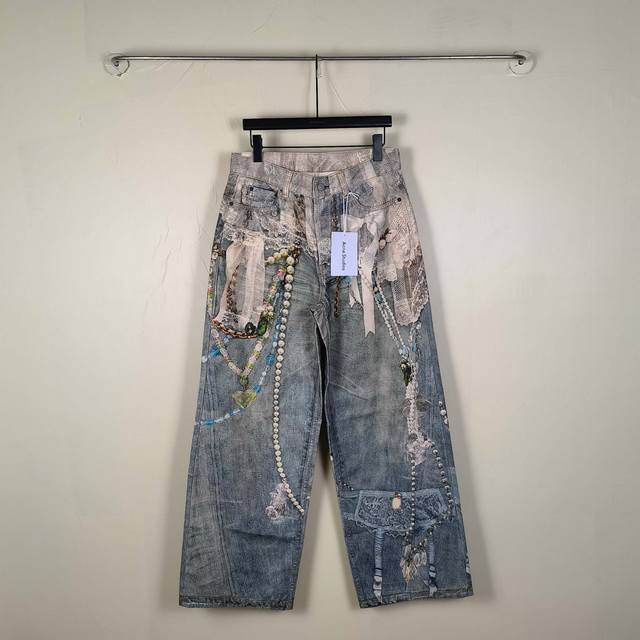 Acnestudios 25Fall 1981系列蕾丝珍珠项链3D数码直喷印花宽松低腰阔腿裤牛仔裤 颜色：浅蓝色 尺码：S M L Xl