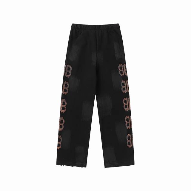 Blcg . 顶级版本 巴黎世家Bb比特币徽标满印印花洗水做旧脏脏运动长裤卫裤 面料：26S双纱+10S鱼鳞底 480克 中重卷绒｜常规中腰剪裁｜松紧裤腰｜直筒