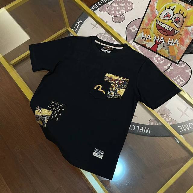 高版本重磅300克棉Evisu福神 新款男士海鸥刺绣口袋织锦字母T恤短袖 颜色 白色 尺码：S-Xxl S码 肩宽44 胸围96 衣长68 适合身材100-12