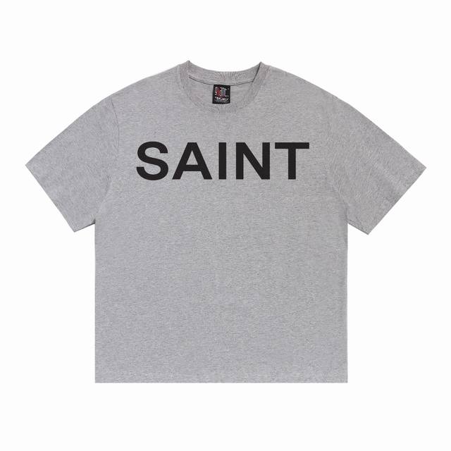 Saint Michael胸前Saint灰色复古做旧休闲宽松纯棉短袖T恤上衣 数码白墨直喷，面料透气，图案立体清晰。 面料：双纱240克 款号：S992 码数：