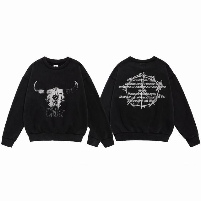 Saint Michael 美式恶魔印花复古洗水做旧宽松圆领套头加绒长袖卫衣 面料：420G 款号：Sm619 码数：S-M-L-Xl 颜色：黑色 价格P：