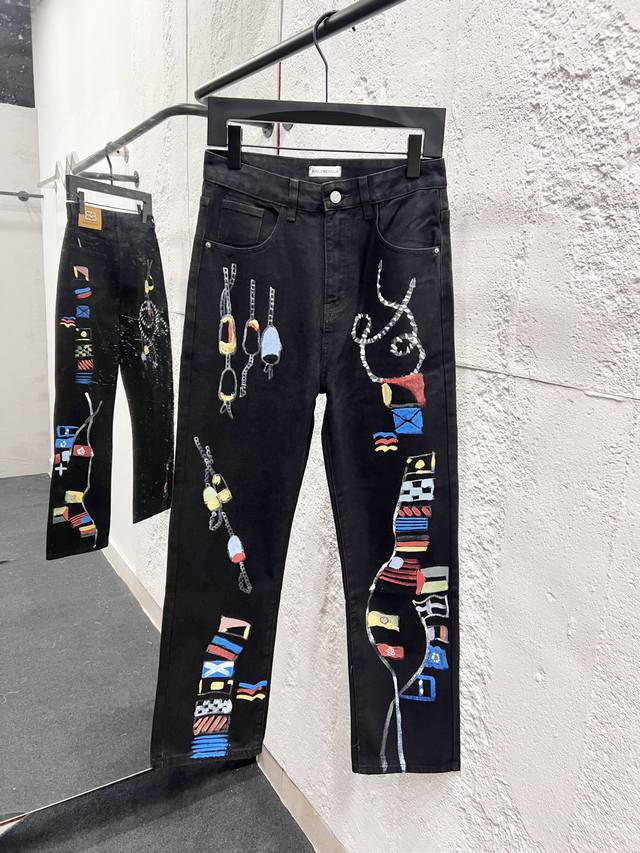 款号：H963 Balenciaga & 巴黎世家 23Ss 手绘泼墨涂鸦绘画直筒宽松牛仔裤 网红大杨哥同款 对比官网 走线 今年最新款牛仔裤 涂鸦的凌乱呈现街