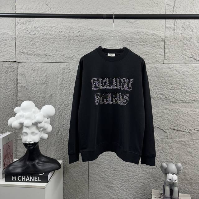 Celi* 塞琳 塞林 2025早秋冬新款 立体银珠烫钻工艺个性Logo 定制毛圈面料 长袖圆领卫衣 男女同款 尺码： S 90-130斤 M 120-150斤