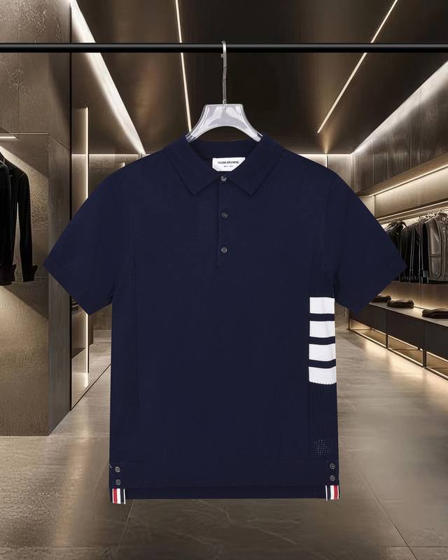 隔天出货 Thom Browne Tb 汤姆布朗 侧边四杠针织休闲短袖Polo衫 2025Ss官网新款原版面料 官方同款 Polo衫定制 网纱毛衣针织面料 高端