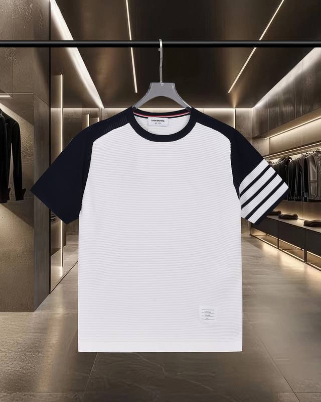 隔天出货 Thom Browne Tb 汤姆布朗 拼色条纹四杠针织休闲短袖T恤 2025Ss官网新款原版面料 官方同款 短袖定制 网纱毛衣针织面料 高端版本，专