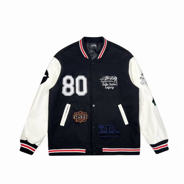供 Stussy X Our L Egacy X Denim Tears三方联名款Ttl Varsity Jacket拼接刺绣校队棒球服夹克外套 -设计上整体延