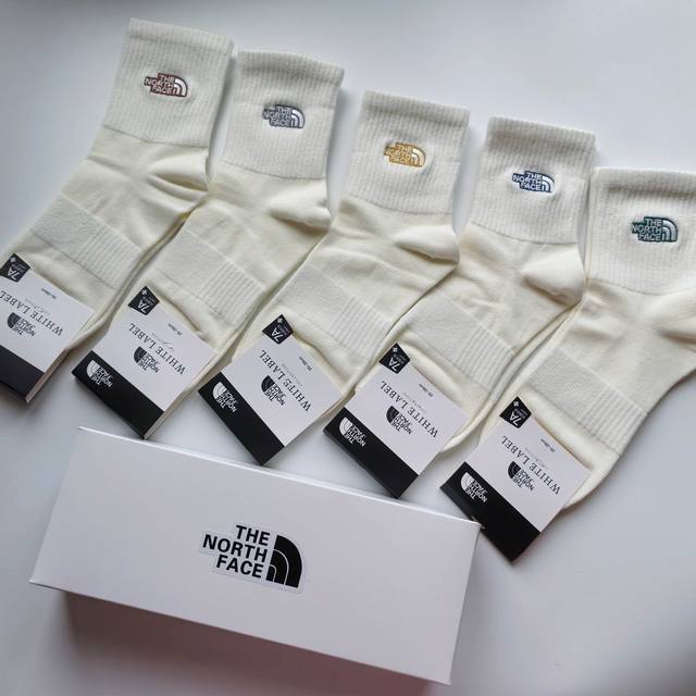 一盒五双，原单高品质北面刺绣纯色白袜子彩标盒装棉袜中筒袜子