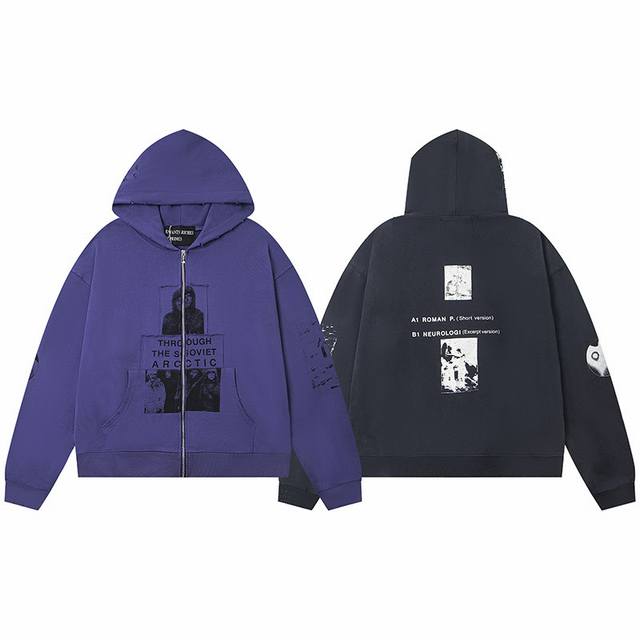 Er868# 20 Erd忧郁的富二代新款宽松休闲破坏水洗复古“穿越苏联的北极熊”贴布印花连帽卫衣拉链外套 颜色：黑色 紫色 面料：380G全棉毛圈卫衣 码数：