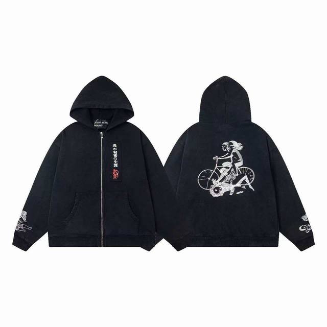 Er863# 17 Erd忧郁的富二代25Ss新款宽松休闲水洗复古日文贴布骑车印花拉链连帽卫衣外套 颜色：黑色 面料：380G全棉毛圈卫衣 码数：S M L X