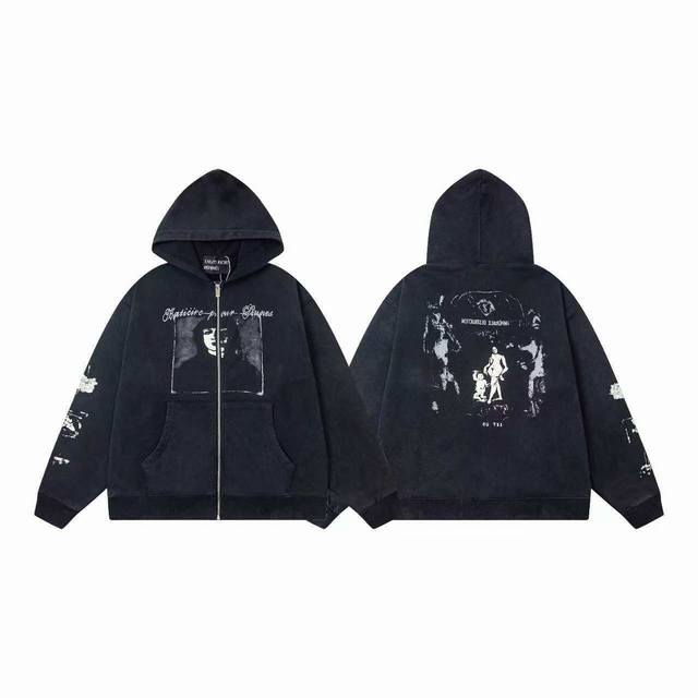 Er862# 14 Erd忧郁的富二代新款宽松休闲水洗复古贴布母子印花拉链连帽卫衣外套 颜色：黑色 面料：380G全棉毛圈卫衣 码数：S M L Xl