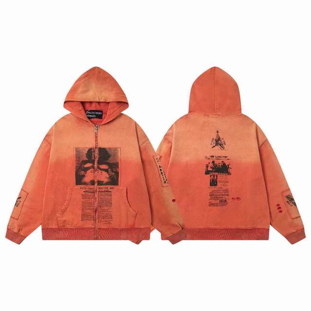 Er861# 18 Erd忧郁的富二代新款宽松休闲水洗复古破坏喷墨人像贴布印花拉链连帽卫衣外套 颜色：红色 面料：380G全棉毛圈卫衣 码数：S M L Xl