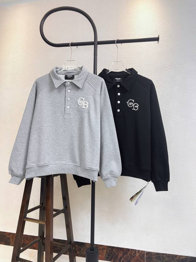 款号X299 黑灰两色 Good Brand Gb珍珠镶钻Polo领卫衣 面料采用450克毛圈高克重95棉5氢纶1×1双纱洗一辈子都不会变形的 男女同款 官网细