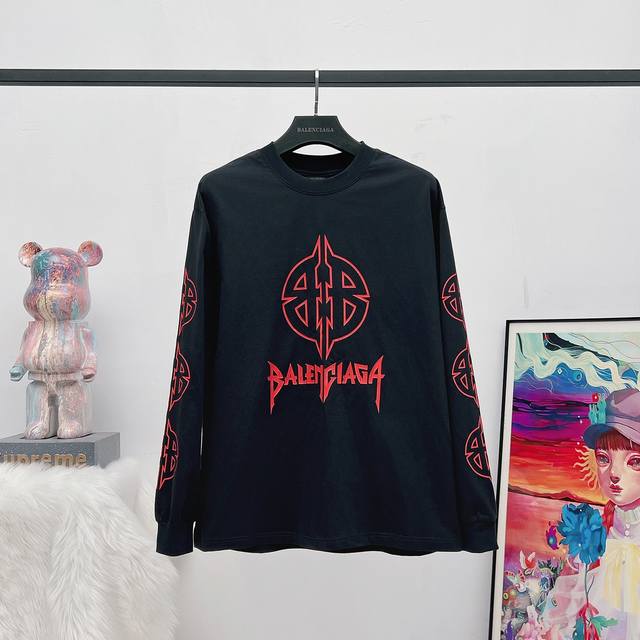 顶级版本 大货挂拍图 #23Fw异形双B裂纹印花长袖# Balenci*Ga巴黎# 面料采用260G巴黎专用双纱*高克重1比1双纱罗纹 前后幅左右袖子采用进口丝