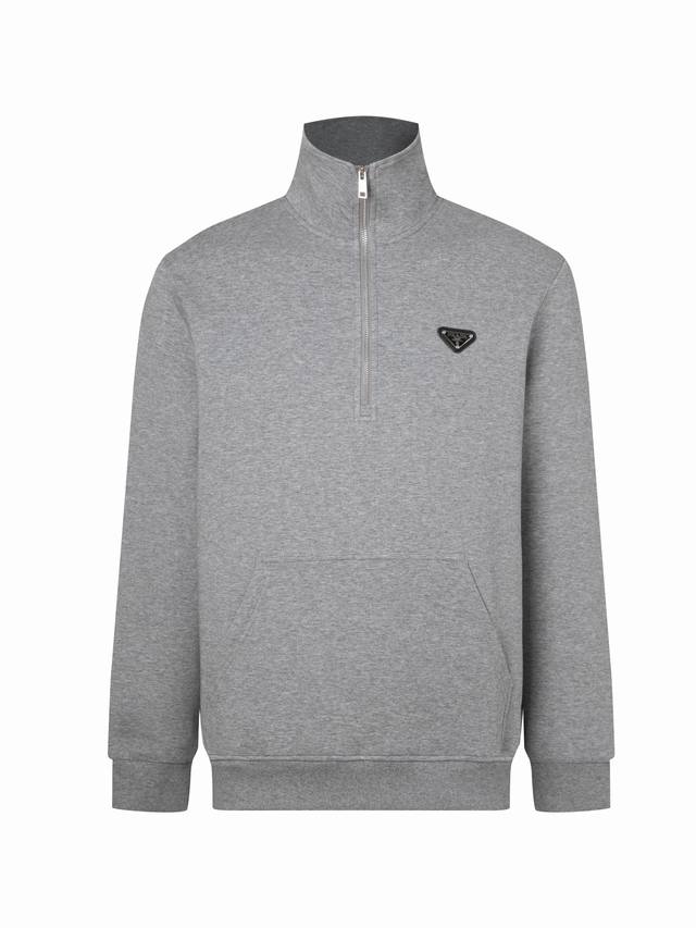 Zp版本 - Prada普拉达官网经典款 三角标徽章半拉链简约款休闲立领卫衣 -采用独家定制进口450G空气棉面料 上身舒适度极高 定制辅料齐全 独家品质区别通