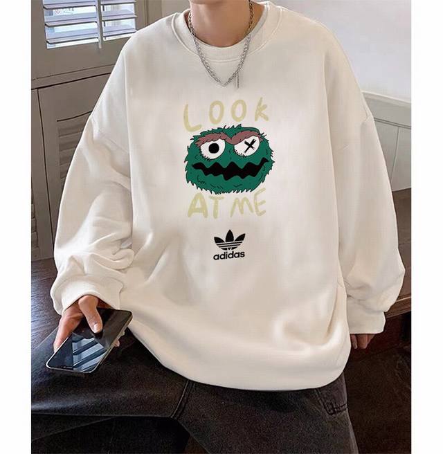 F81# 毛圈 季新款 Originals 芝麻街联名 设计感 趣味 休闲宽松圆领卫衣 运动户外上衣 男女同款 设计灵感： 这件×芝麻街联名短袖，可爱绿怪图案超