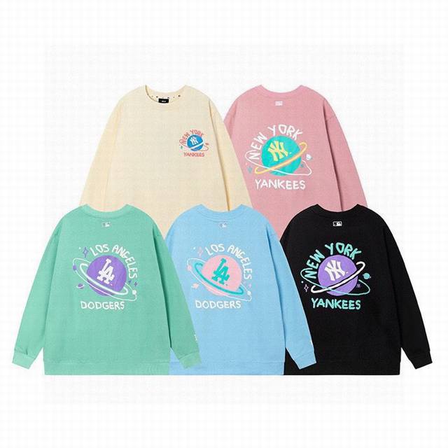 026# 韩国Mlb洋基队星球印花男女卫衣毛圈款套头衫纯棉卫衣 颜色:黑色 奶白色 绿色 粉色 天蓝色 尺码：S M L Xl Xxl.