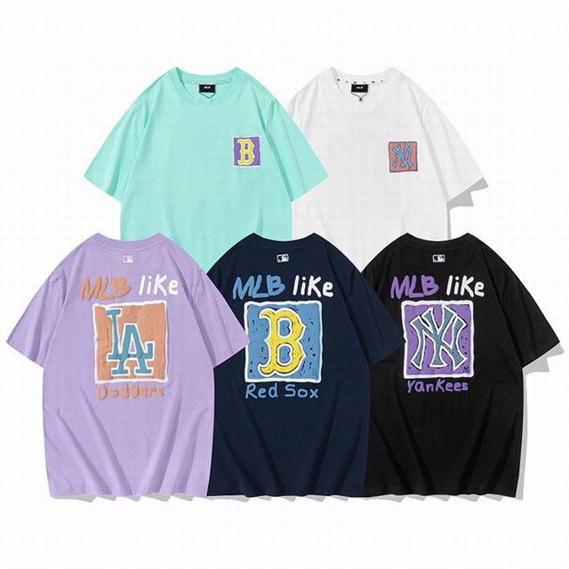 065 # 高品质面料双纱260克 新款Mlb卫衣洋基队Ny发泡短袖方块涂鸦男女同款休闲宽松 颜色：紫色 黑色 藏青 米白 绿色 尺码：S--Xxl 五色都是今