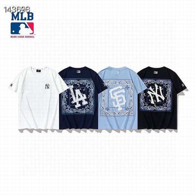 型号014 Mlb 夏季新款腰果花印花纯棉休闲短袖 高品质230克双纱面料可扫码，一衣一码 颜色:黑色 天蓝色 藏蓝色 白色 尺码：S M L Xl Xxl.