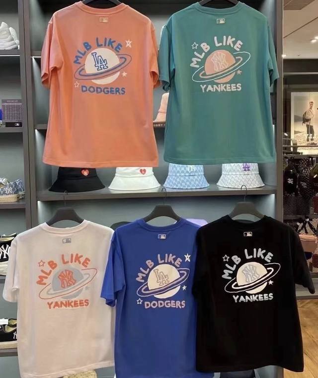 型号015 韩国Mlb洋基队星球发泡印花短袖Like涂鸦印花纯棉休闲短袖 高品质双纱面料 可扫码，一衣一码 颜色:黑色 深蓝色 绿色 白色 粉色 尺码：S M